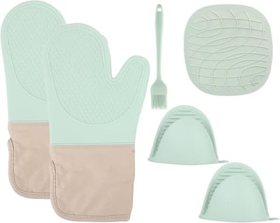 SnelShoppen - Silicone Oven Handschoenen Set van 6 Mint Groen, Anti-verbranding en Hittebestendig (-40°C tot 230°C), Katoen en Silicone, Perfect voor