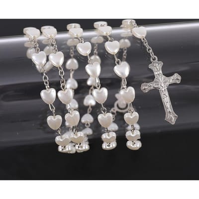 Nouveau Collier Chapelet Cœur Rose Blanc Pour Femmes Pendentif Croix Vierge Marie Chaîne de Perles Hommes Religion Prière Bijoux de Fête Cadeau gray