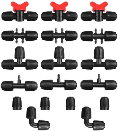 Set van 18 Drip Irrigation Onderdelen voor Tuinirrigatie, Waterdichte Slangverbindingen, Multifunctionele Koppelingen en Anti-Fall Fittingen voor Efficiënte Bewatering