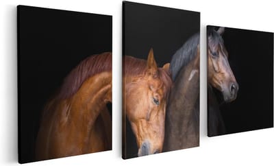 Artaza Canvas Schilderij Drieluik Twee Bruine Paarden Koppel - Liefde - 120x60 - Foto Op Canvas - Canvas Print