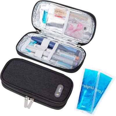 Isolerende koeltas voor insuline met 2 herbruikbare koelbatterijen, waterdichte reisoplossing voor diabetici, 4-6 uur koeling, medicijnopslag, 20.8 x 9.5 x 3 cm, zwart