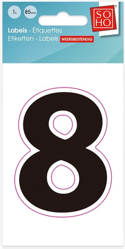 Plakcijfer - Nummer Sticker - 8 - Cadebo - Weerbestendig - 8,5 cm hoog, 6 cm breed, perfect formaat - Zwart
