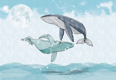 Fotobehang Walvissen in de zee XXL – kinderkamer posterbehang – 368 x 254 cm – Blauw
