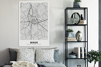 Canvas schilderij 90x140 cm - Wanddecoratie Stadskaart – Plattegrond – België – Zwart Wit – Bree – Kaart - Muurdecoratie woonkamer - Slaapkamer decoratie - Kamer accessoires - Schilderijen