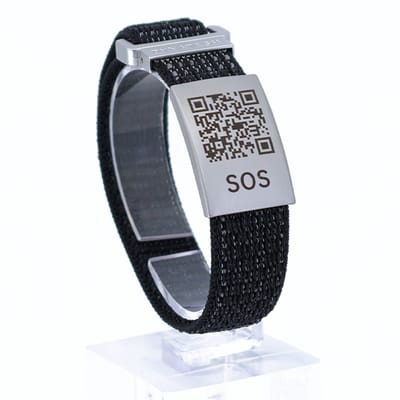 DynaTag SOS Armband Medische Armband met QR-code - Textiel Zwart/Grijs - Volwassenen en Kinderen