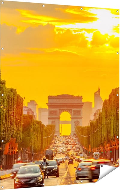 Gards Tuinposter Arc de Triomphe bij de Autoweg - 120x160 cm - Tuindoek - Tuindecoratie - Wanddecoratie buiten - Tuinschilderij