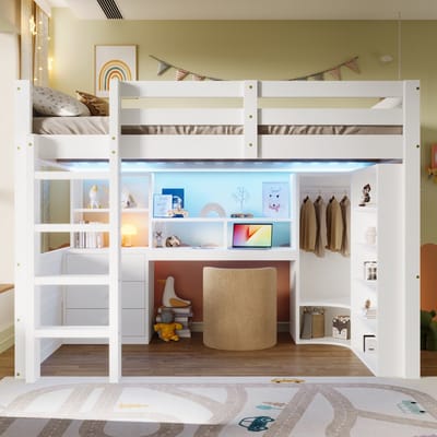 Sweiko Hoogslaper - 140x200cm - LED-verlichting - Met kledingkast - Bureau - 3 lades - Opbergkast - Kinderbed - Wit
