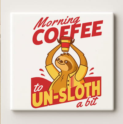 Grappige Luiaard Tegel “Morning Coffee to Un-Sloth a Bit” – 15x15cm Keramische Wanddecoratie – Humoristisch Koffieliefhebber Cadeau & Keukendecoratie