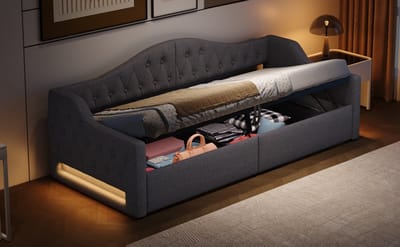 Dagbed 90x200 - Gestoffeerd Bed met Ruime Opbergruimte, LED-Verlichting en Zachte Linnen Bekleding - Grijs - Multifunctioneel Design met 7 Kleuren
