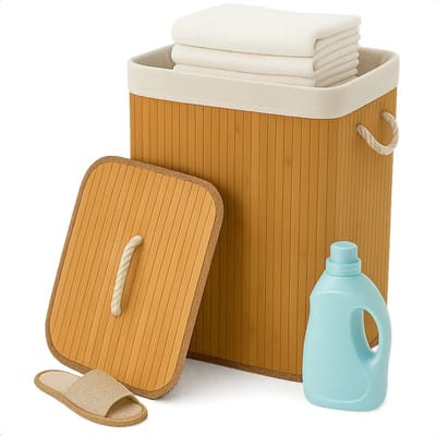 Lomera Bamboe Wasmand - Wasmand Met Deksel - 72 Liter Capaciteit - Opvouwbare Wasmand - Draaghengsels - Afneembaar Deksel - Natuurlijk Bamboe - Wasbare Binnenzak - Verstevigde Metalen Ring - Naturel Kleur - Uitneembare Zak
