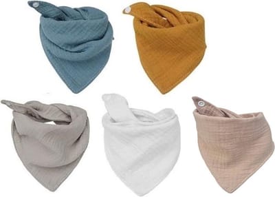 Set van 5 hydrofiele bandana slabbetjes – Effen Blauw - Grijs - Beige – 100% katoen