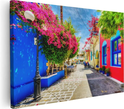 Artaza Canvas Schilderij Straatje Griekenland - 60x40 cm - Wanddecoratie Bougainville - Muurdecoratie Mediterraans - Schilderijen Op Canvas