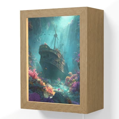 Wandlamp 15x20 cm - Oplaadbaar - Schip - Hout - Koraalriffen - Zonlicht - Wandlampen binnen woonkamer - Slaapkamer lamp met kabel - Decoratieve nachtlamp - Vloerlamp snoer