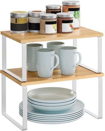 Dailygoods- Kruidenrek uitbreidbaar - Keukenplank - Keukenorganiser - Stapelbaar - Metaal/bamboe - Wolkwit/naturel