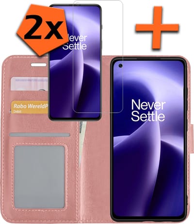 Hoes - Met 2x Screenprotector - Geschikt voor OnePlus Nord 2T - Luxe Pasjeshouder - Bookcase Portemonee - Flip Case - Kunstleer Book Case - Flipcase Hoes - Book Cover - Walletcase - PortemonneeHoes - Lichtroze