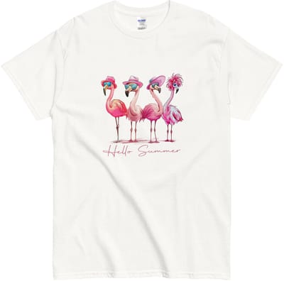 T Shirt Dames Heren met Grappige Zomer Flamingo's - Hello Summer - Wit - S