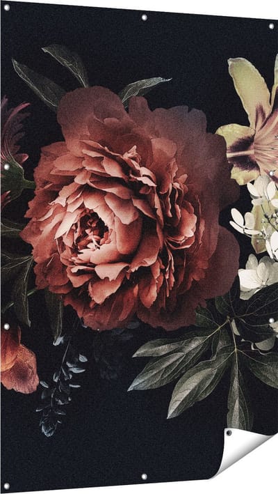 Gards Tuinposter Bloemen op een Zwart Achtergrond - 100x150 cm - Tuindoek - Tuindecoratie - Wanddecoratie buiten - Tuinschilderij