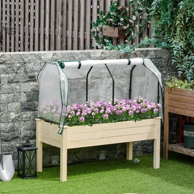 MODFU - Verhoogde Plantenbak - Oprolbare Foliehoes - Met Stoffen Voering En Afwateringsopeningen - Hout - Naturel - 121 X 55 X 117 Cm