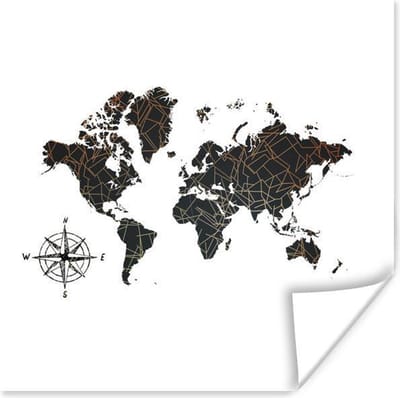 Poster Wereldkaart - Zwart - Kompas - 30x30 cm