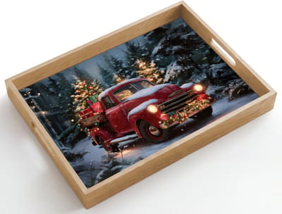 Dienblad hout 50x35 cm - Schootdienblad - Kersttruck - Sneeuwbos - Rood - Borrelplank rechthoek - Plateau dienbladen