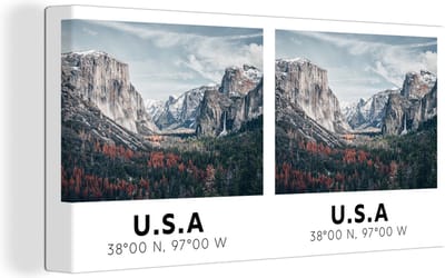 Canvas Schilderij Yosemite - Amerika - Wyoming - Bergen - Bos - 40x20 cm - Wanddecoratie
