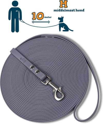 Miqdi lange lijn - BioThane® - grijs - 10 meter lang – 13mm breed – M – middelmaat hond – lange hondenriem