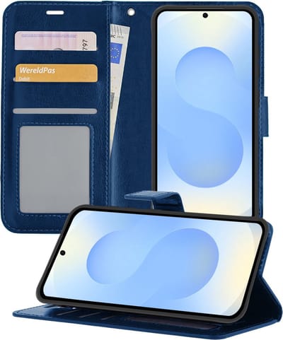 Hoesje - Geschikt voor Samsung Galaxy S25 Plus - Luxe Bookcase - Walletcase Hoes - Portemonnee - Cover - Telefoonhoes - Donkerblauw