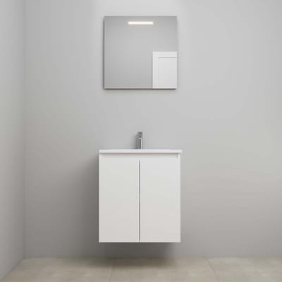 On-Line Badkamermeubelset - 60 cm - Bouwpakket - Greeploos 2 Deuren - Acryl Wastafel - 1 Kraangat - Spiegel met LED-Verlichting - Hoogglans Wit