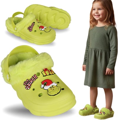 Grinch Groene kinderslippers, GEÏSOLEERDE, KERSTMIS, tuinklompen met bont voor kinderen