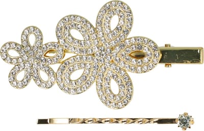 Haarsoires Haarspeld Duckklem & Schuifspeldje 7cm – Bloemenvorm met Steentjes – Goud – Set van 2 - Sterke Haarclip voor Styling & Dagelijks Gebruik - Hair Clip - Decoratieve Haaraccessoire