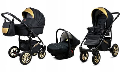 BabyLux® Kinderwagen 3in1 – GOLDLUX - ONYX BLACK FRAME - Opklapbare Wandelwagen incl. Reiswieg, Multifunctionele Buggy Sportstoel, Autostoel - Combi-kinderwagen met Luiertas, Regenhoes, Klamboe, Bekerhouder, etc.