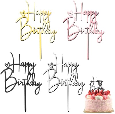 Dailygoods- Verjaardagstaart Topper 4-delig - Acryl - Goud/Zilver/Zwart/Roségoud - Happy Birthday - Feestdecoratie - Afmetingen 14,5x10 cm - Taartdecoratie