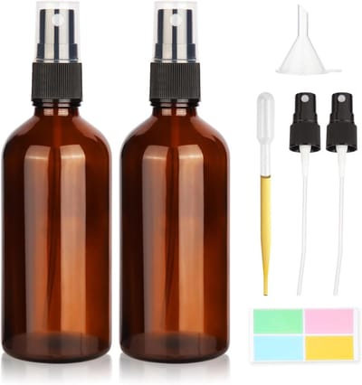 Famanu – Amberkleurige glazen spuitflessen set van 2 stuks, 100 ml, hervulbare fijne mist spuitflessen voor etherische oliën en parfums