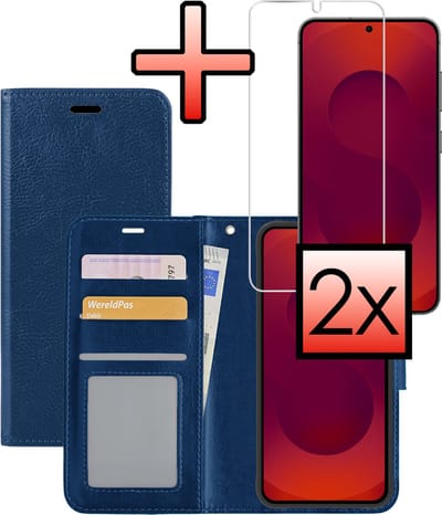 Hoesje - Met 2x Screenprotector - Geschikt voor Samsung Galaxy S25 - Luxe Pasjeshouder - Bookcase Portemonee - Flip Case - Kunstleer Book Case - Flipcase Hoes - Book Cover - Walletcase - Portemonneehoes - Donkerblauw