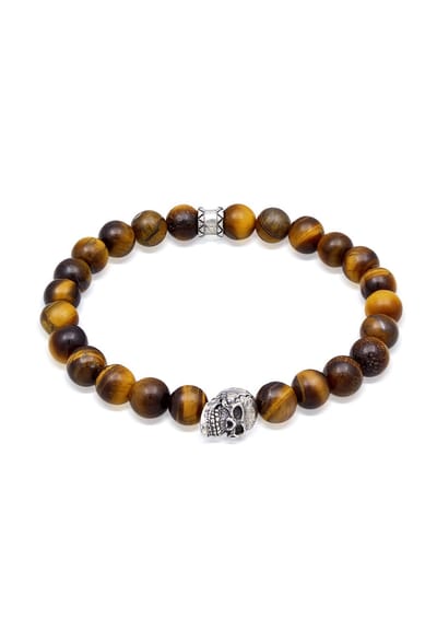 KUZZOI - Armband - Heren schedel Symbool met Tijgeroog Kralen in 925 Sterling Zilver - Heren