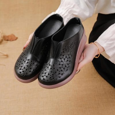 Bovenlaag Rundleer Sponszool Verhoogde Damesschoenen Casual Leer Holle Damespantoffels Middelbare leeftijd Ademend en Comfortabel Gaten Schoenen 37 gray