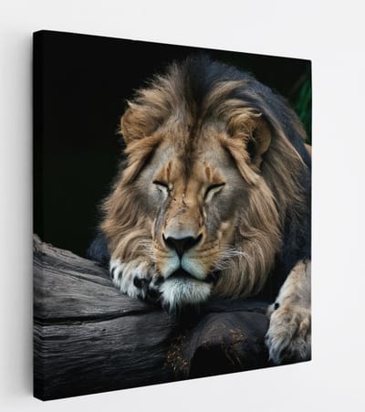 Saammp Canvas Schilderij - Leeuw op boomstronk - Dieren - Natuur - 20x20 - Foto op canvas - Wanddecoratie - Muurdecoratie Woonkamer - Slaapkamer decoratie - Canvas Print