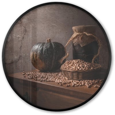 Poster in lijst Rond - Fotolijst 60x60 cm - Posters - Stilleven - Pompoen - Donker - Rustiek - Ronde posterlijst zwart - Decoratie - Wanddecoratie woonkamer - Muurdecoratie slaapkamer