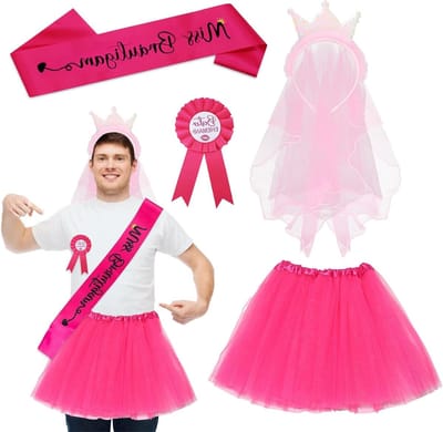 Mannen Kostuum Set voor Vrijgezellenfeest met Roze Voile, Kroon, Hoofdband en Versieringen voor de Beste Echtgenoot