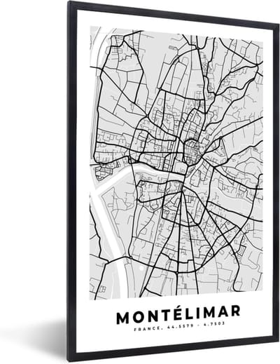 Fotolijst incl. Poster - Kaart – Stadskaart – Frankrijk - Montélimar - Plattegrond - 40x60 cm - Posterlijst