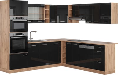 Vicco Hoekkeuken R-Line, Zwart hoogglans/Goudkleurig Eiken, 247 x 237 cm, WB Eik