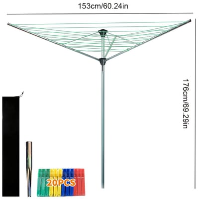 Wasrek-Droogmolen-Metalen Buitentuinscherm Drogeregel-Lichtgewicht, Inclusief Tas-Zilver+Groen.