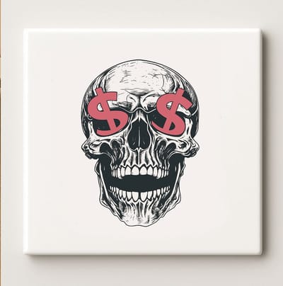Coole Schedel Tegel met Dollarogen 15x15 cm – Trendy Gotische Keramische Wanddecoratie voor Modern Interieur, Studio of Mancave