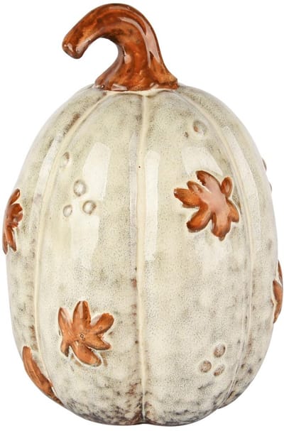 Pompoen met blaadjes wit-oranje porselein 16 cm hoog - Halloween - Griezel - Herfstcollectie - Herfstdecoratie - interieurdecoratie - accessoire - voor binnen - gift - geschenk - cadeau verjaardag