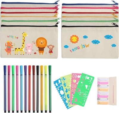 Allecto Plus - Set van 12 Stuks Stoffen Zakjes met Ritssluiting - Multifunctionele DIY Blanco Canvas Rits Tassen - Met Kleurpotloden - Make-up Tas - Cosmetische Tassen - Etui - Blank Canvas Rits Tassen voor Kantoor, School en Reis
