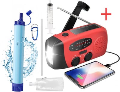 Noodradio + Personal Water Filter Straw Set - Radio Op Batterijen (Accu) Voor Rampen - Oplaadbare radio 1stuks - Waterreiniger voor Buiten set - Oplaadbaar via batterij, zon, USB en opwinden - BPA-vrij - Emergency Survival Gear