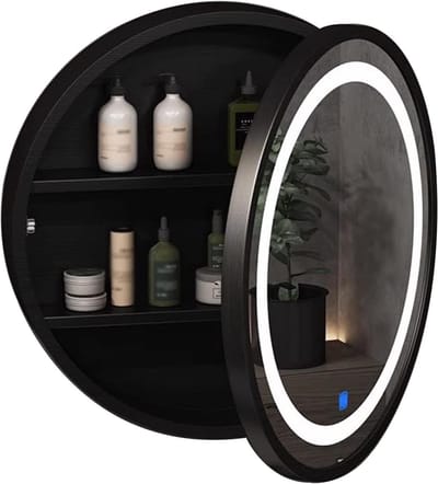 Badkamermeubel met Spiegel - Wandkast Verlichting - Opbergen Badkamer - Massief Houten Frame - 60 cm - Zwart