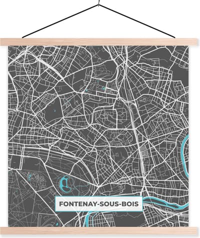 Posterhanger incl. Poster 40x40 cm - Schoolplaat - Fontenay-sous-Bois - Frankrijk - Kaart - Plattegrond - Stadskaart - Textielposter - Blanke latten - Stadskaart