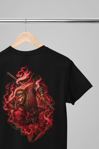 Oversized shirt - Wukong monkey - Wurban Wear | Draak | Anime streetwear | Asian streetwear | Streetwear | Geisha | Techno outfit | Fantasy shirt | Gym shirt | y2k | Tattoo | Urban | Grote maten | Japanese mythology | Samurai | Zwart
