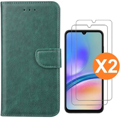 Hoesje geschikt voor Samsung Galaxy A05 bookcase Groen - Met screenprotector tempered glass Galaxy A05 - 2x